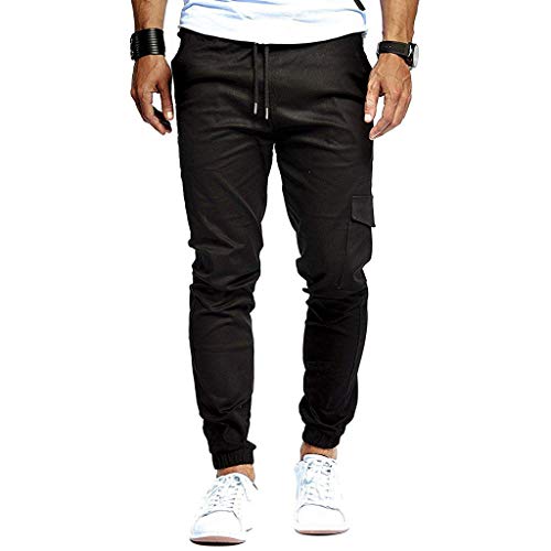 Fashion Casual Pants Mens Slim Pure Color Bandage Sweatpants Drawstring Pants Black