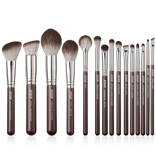 Jessup T498 15-Piece Professional Makeup Brush Set for Foundation Powder, Concealer, Eyebrows, Eyeshadow, Contour, Eyeliner, Blending Eyeshadow Brush, Brown