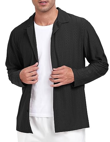 ZAFUL MENS EYELET CUBAN LONG SLEEVE SHIRTS CASUAL BUTTON DOWN REGULAR FIT SHIRT (BLACK M)