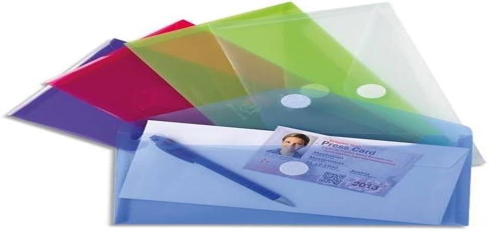 Exacompta - Ref 56510E - PP Pocket Enveloe - 250 x 135mm in Size, Hook & Loop Closure, Suitable for Storing Folded A4 Documents & Items - Assorted Colours (Pack of 5)