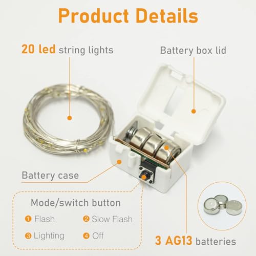 btfarm 12 Pieces/3 Modes LED Fairy Lights Battery Small, 2 m 20 LED Fairy Lights with Battery, Mini Fairy Lights Battery Operated for Party, Christmas, DIY, Wedding, Indoor Decoration (Warm White)