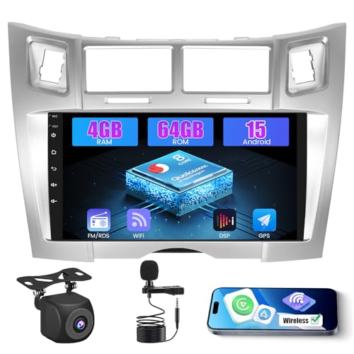 Inefala 8 Core Qualcomm Android 15 4+64G Radio Screen for Toyota Yaris/Vizi 2005-2011 with Wireless Carplay and Android Auto, 9'' Screen Car with Mirror Link Radio FM/RDS GPS WiFi Bluetooth SWC