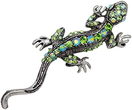Akianna Antique Silver-Tone Crystals Green Lizard Pin Brooch