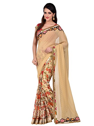 Shonaya Women's Embroidered Net & Georgette Beige Self Design Saree With Unstitched Blouse Piece