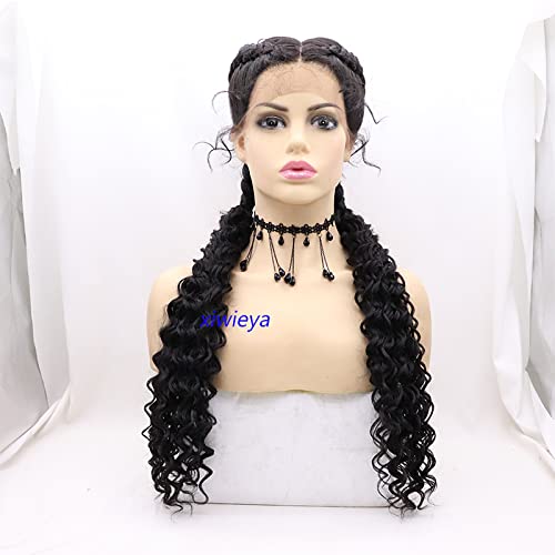 xiweiya 28” 1B# Black Extra Long 100% Hand Brown Braided 360 Swiss Lace Front Double Dutch Braided Wigs with Baby Hair for Women Synthetic Twisted Braids Wig