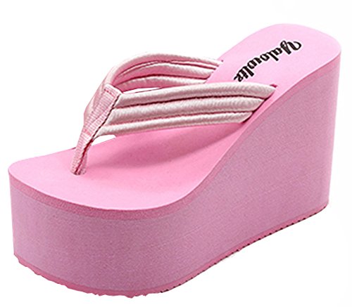 IDIFU Women's Comfy Wedge Platform Thong Sandals with Heels Beach Holiday Summer Flip Flops (8 B(M) US, Pink)