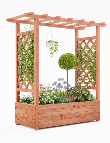 Elevated Wooden Garden Bed with Arch Trellis & Hanging Roof – Outdoor Planter Box for Climbing Vines, Hanging Flowers, Above-Ground Design with Side Trellis & 4 Drainage Holes,43"x17"x72"