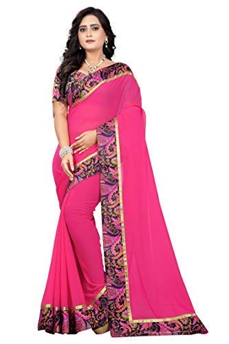 Flower Printed Border Faux Georgette Saree For Women with Unstitched Blouse Piece (Pink)