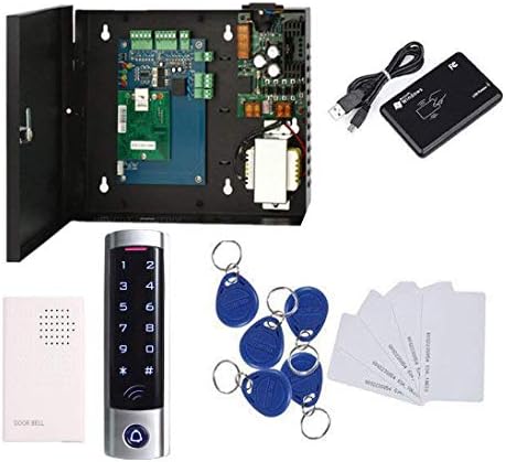 Single Door Access Control Systems & Metal Touch Waterproof Keypad Reader+RFID Keyfob/Cards+Wired Doorbell