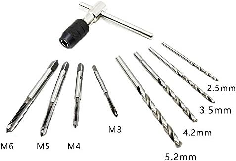 YunLi M3-M6 T-Handle Tap Wrench + 4 pcs Machine Screw Metric Thread Plug Taps Set + 4 pcs Twist Drill Bits