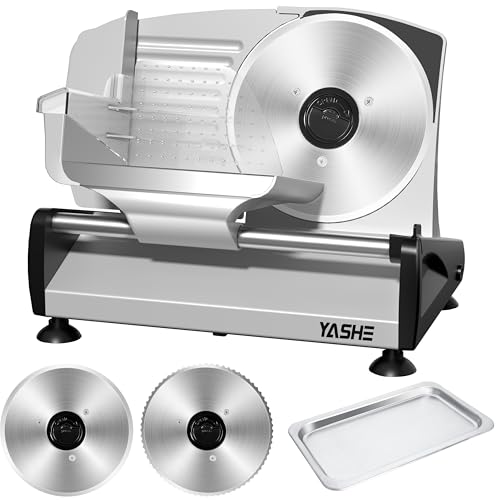 YASHE Electric Slicer for Home with Silent DC Motor, Professional Slicer for Ham, 200 W, 19 cm Double Stainless Steel Blades, Adjustable Thickness 0-15 mm for Meat Cheese Bread