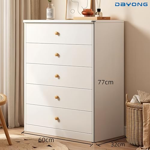 DAYONG 5 Chest of Drawers, Bedroom Chests of Drawer, Desk Chest of Drawer, Wooden Storage Cabinet, Modern Bedroom Furniture, Vertical Storage Drawers for Hallway Sofas Living Room. (white-60*32*77CM)