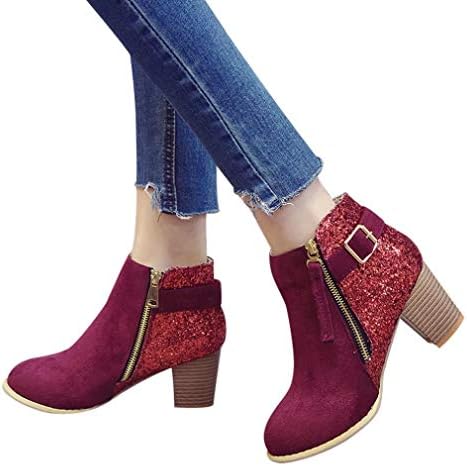 Shybuy Women's Fashion Charming Sequins Booties Casual Block Chunky Heel Faux Leather Ankle Boots