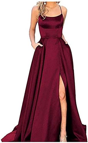 Split Formal Evening Gowns Spaghetti Straps Satin Prom Dresses Long with Pockets Womens