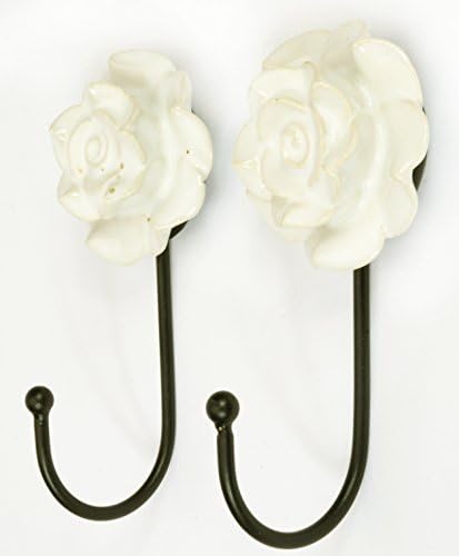 Pair 2 Pcs Metal Ceramic Wall Door Coat Hanger Hook Rose Flower Theme Heavy Duty (White)