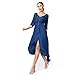 Sirhao Boho Maxi Dress Midi Dress Solid Color 2/3 Sleeve Dress Closing Split Navy Blue with Earrings