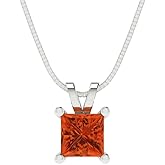 Clara Pucci 3 cttw Red Simulated Diamond White Gold-Plated Silver Necklace and Pendant for Women (16" Box Chain,Princess Cut,8.0mm)