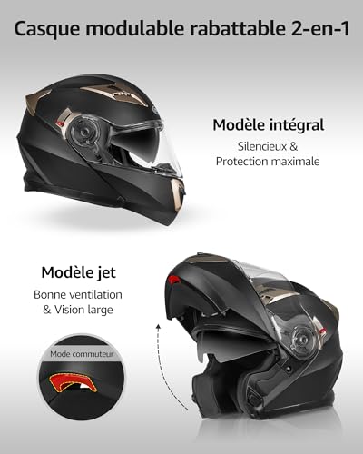 Modular Motorcycle Helmet ECE Approved – YEMA 1650926M Motorcycle Helmet Integral Scooter for Women Men Adults with Double Visors-Matte Black-S