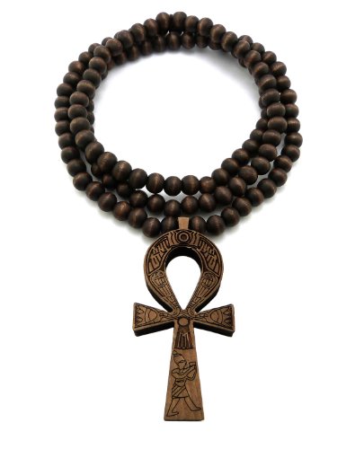 Fashion 21 Egyptian Ankh Cross Pendant 8mm 36" Wooden Bead Necklace Brown- Tone XJ217BRN
