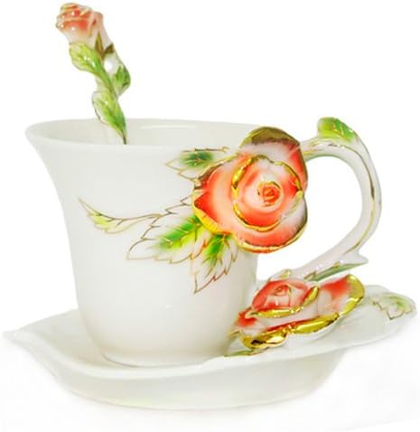 Choholete Porcelain Ceramic Tea Coffee Cup Set Elegant Golden Red Rose 1 Cup 1 Saucer 1 Spoon
