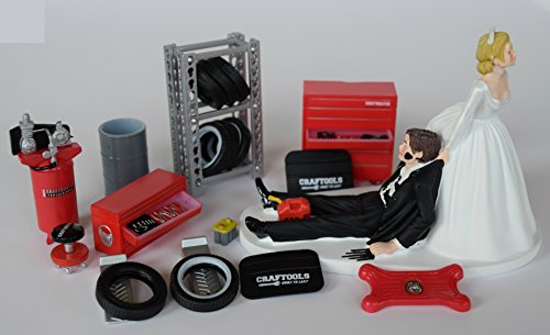 Funny Wedding Cake Topper for Mechanics - Comes with Miniature Garage Accessories Set
