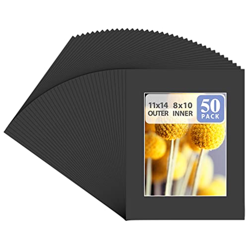 Golden State Art, Pack of 50, Acid-Free Black Pre-Cut 11x14 Picture Mat for 8x10 Photo with White Core Bevel Cut Frame Mattes