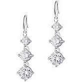 Savlano 14K White Gold Plated Three Cubic Zirconia Crystal Round Cut Dangle Earrings For Women