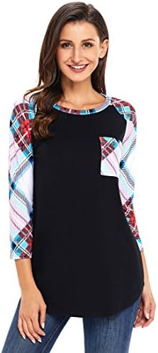 Hyacine Women Casual 3/4 Sleeve Tee Shirts Plaid Tunic Tops Crew Neck Sweatshirts Blouse Black XXL