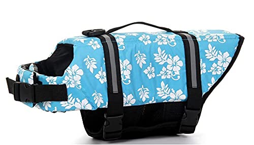 Izefia Dog Life Jacket Swimming Safety Coat Floatation Life Vest Life Saver with Handle for Small Dog Puppy Large Dog (Blue Flower, XS)