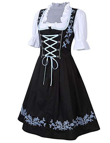 KoJooin Women's 3 Pieces Costumes Embroidery Oktoberfest Dirndl Dress Black-Blue 34