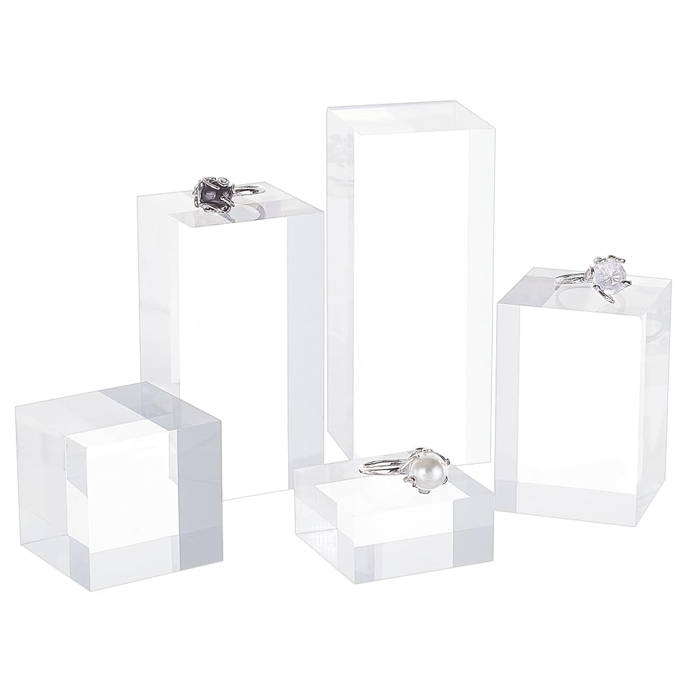 BENECREAT 5Pcs Clear Acrylic Cube Display Block, 2/4/6/8/10cm Solid Display Pedestal Stands for Gem Jewelry Display Pop Figures Cosmetic Showing