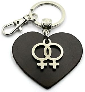 BrownBeans, Heart Leather LGBT Pride Gay Women Symbol Keychain Key Chain Keyring Fob Holder with Small Clip (BBKC2013) (Brown - Silver Tone)
