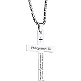 Cross Necklace Bible Verse Philippians 4:13 for Men Women Stainless Steel Shain Religious Christian Faith Easter Jewelry, Inspirational Baptism Gift
