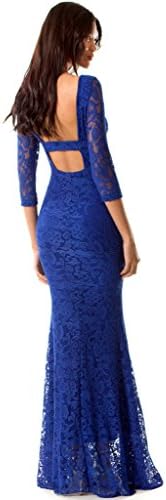Miss Mint Women's 3/4 Lace Sleeves Bateau Neck Mermaid Open Back Prom Evening Gown Long 4 Royal Blue