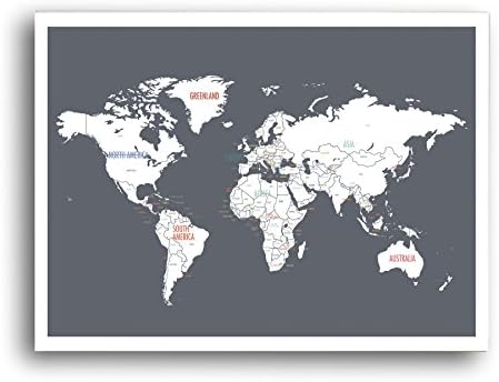World Map Wall Art, Travel Map, World Map Print, Wall Art for Kids, Nursery Wall Art, Travel Decor, Kid's World Map, Childrens Room Decor, Home Office, Graduation Gift, Grey, Charcoal Grey, 24x18