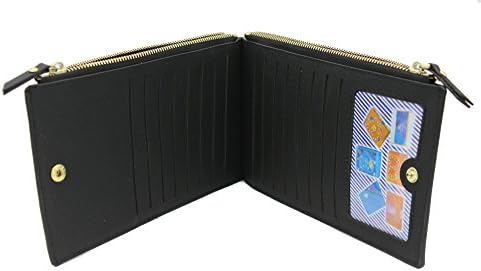 WOMEN'S BI FOLD MULTI CARD WITH MANY COMPARTMENTS TWO ZIPPER POCKETS SLIM WALLET Black