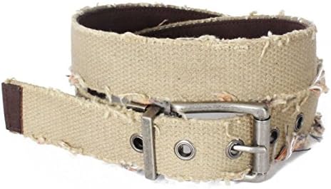 9391V-BRN - Toneka Men's Khaki Destroyed Frayed Cotton Webbing Brown PU Leather Reversible Belt (36 (fits 34" waist))