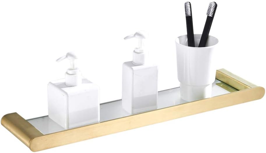 WOMAO Rectangular 48cm Long Bathroom Glass Shelf, Bathroom Organiser Brushed Gold finished Glass and Stainless Steel Construction, Wall Mounted Drilling