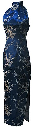 7Fairy Women's Navy Blue Floral Halter Backless Long Chinese Dress