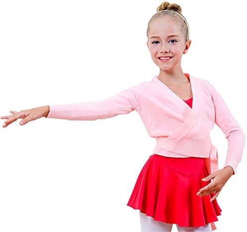 Girls' Dance Sweater Long Sleeved Solid Cute Pretty Cross Knit Ballet Cardigan Pink M
