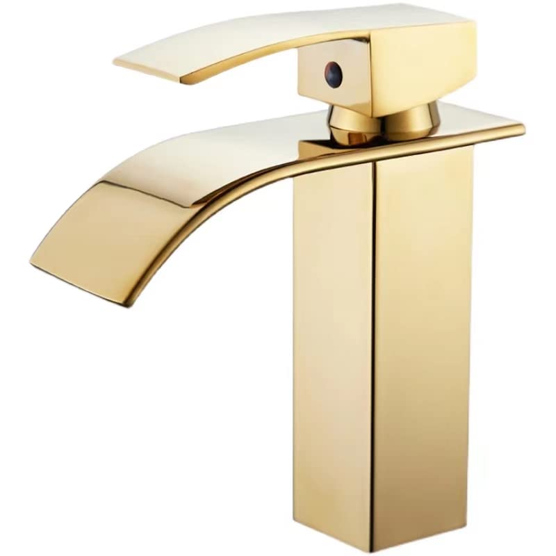 imiiHO 014 Bathroom Tap, Cold and Hot Tap, Wash Basin Mixer Tap with Hoses, 304 Stainless Steel Waterfall Faucet, Gold Chrome Finish