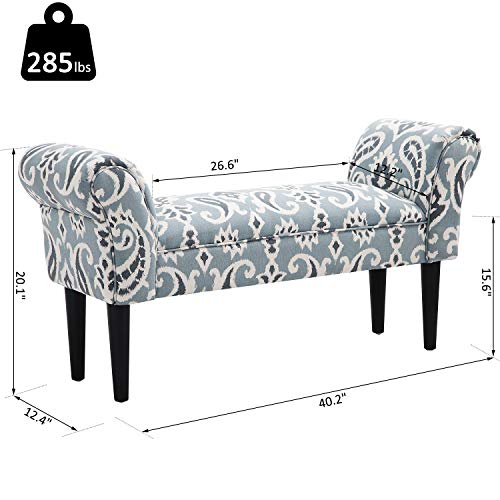 Small Linen Upholstered Ottoman Bench Rolled Arm End Chair, Wood Legs Blue Grey Paisley