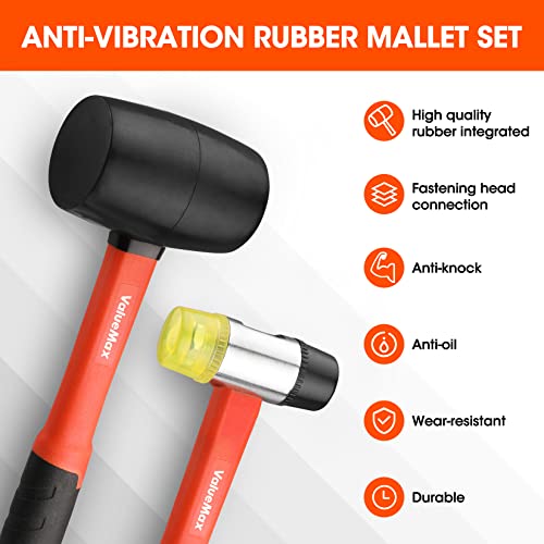 ValueMax Rubber Mallet, 16oz Rubber Mallet Hammer And 35mm Double-Faced Soft Mallet, Fiberglass Handle With Soft Grip, Solid Head, 2 Piece Black Mallet Set