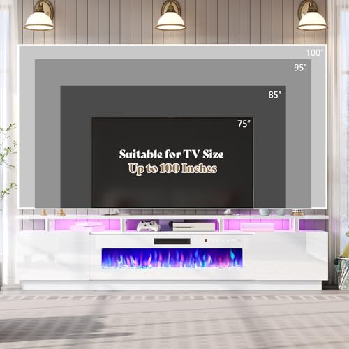 Jocisland Fireplace TV Stand with 50" Fireplace, 90" Modern High Gloss Fireplace Entertainment Center LED Lights, 2 Tier TV Console Cabinet for TVs Up to 100", All White