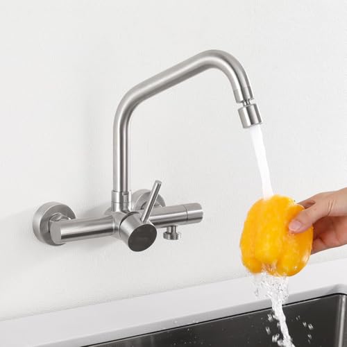 ONECE Wall Mounted Kitchen Tap with 2 Modes, with Dishwasher/Washing Machine Interface 3/4 Inch Wall Mixer Tap with Rotating Nozzle, 360° Swivel Taps, Stainless Steel 304, Removable Aerator