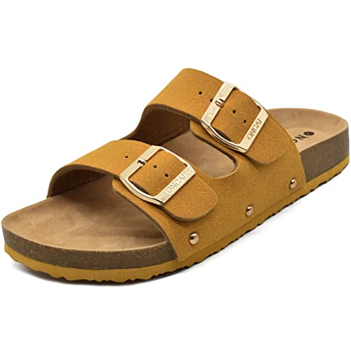 ONCAI Womens Comfortable Sandals Knock Off Clogs Sandals Women Dressy Summer Flat with Arch Support Two Strap Slip On Adjustable Buckle Slides Shoes for Women Yellow Size 7 at Amazon