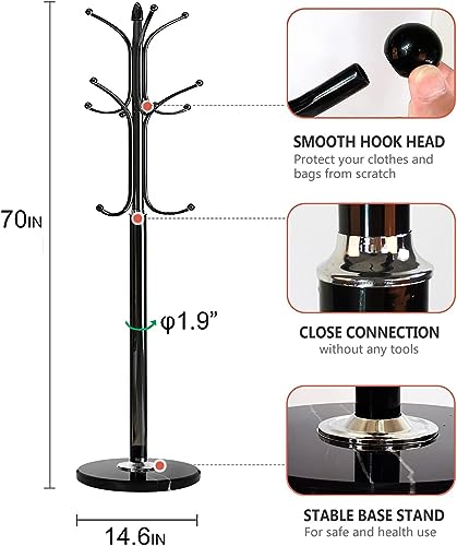 AUTOYSUR Metal Coat Rack Stand with Natural Marble Base, Tree Coat Rack Stand, Free Standing Hall Tree with 12 Hooks for Hanging Scarf, Bag, Jacket, Home Entry-way Hat Hanger Organizer (Black)