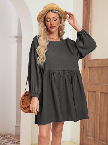 GLAMAKER WOMENS FLOWY SUMMER TUNIC DRESS PUFF SLEEVE CREW NECK CASUAL BABYDOLL MINI DRESSES XXL DARK GREY