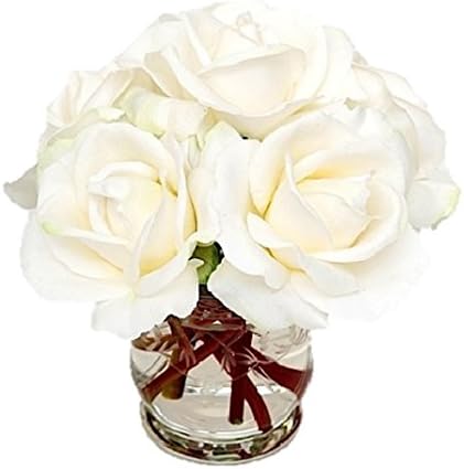 The French Bee Watergarden Collection 7 Silk Bloomed Roses in a Glass Postcard Vase, White