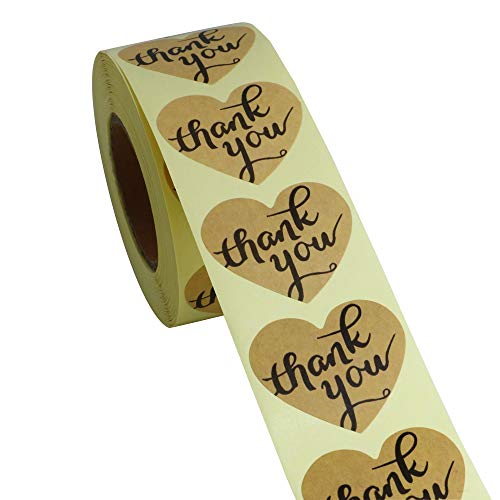 Hybsk Love Heart Kraft Paper Thank You Stickers with Heart 1.5 Inch Adhesive Labels 500 Per Roll (Kraft) - Thumbnail 3